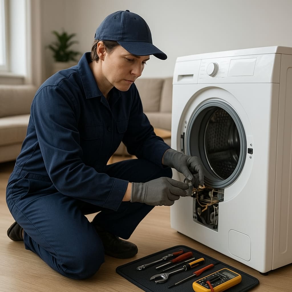 Technik opravuje pračku v domácnosti
